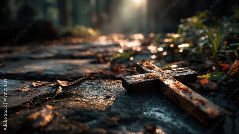 Fototapeta premium A wooden cross lies on a wet stone surface, surrounded by leaves and soft light filtering through a misty forest background.