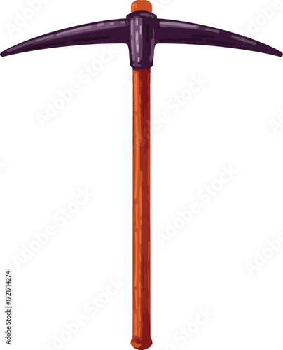 A pickaxe with a purple head and wooden handle on a white background