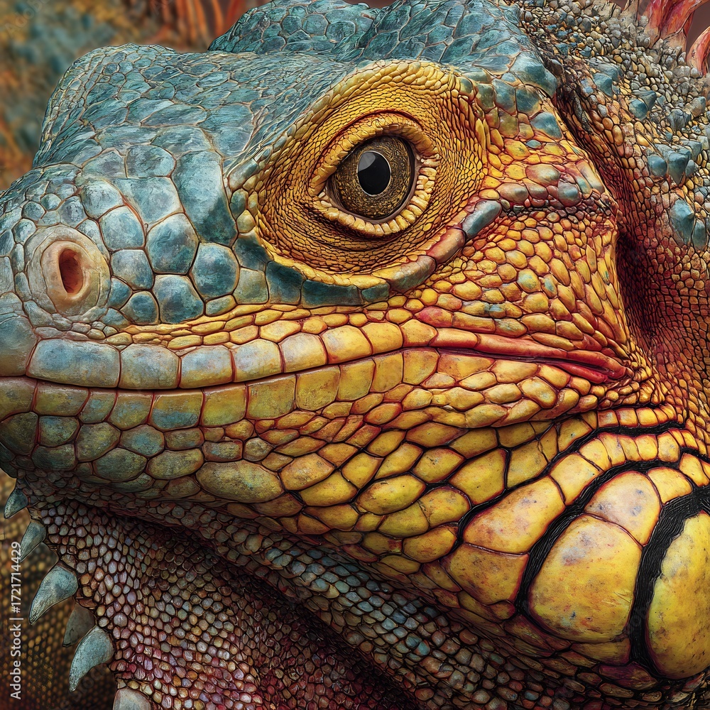 Fototapeta premium Hyper realistic close up of iguana face with colorful scales and lifelike textures in wildlife portrait