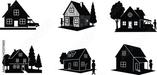 Residential house silhouettes, black and white architecture, suburban homes, pine trees, driveway cars, chimney rooftops, minimal design, modliving, 