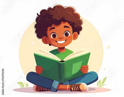 Happy african american boy reading a book cross legged with a bright smile