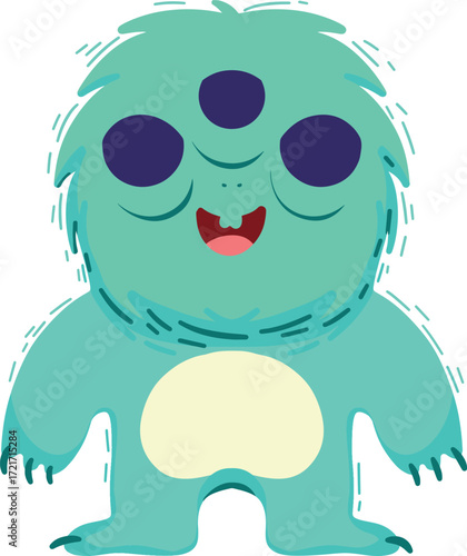 A cartoon tealcolored threeeyed monster with a pale yellow belly