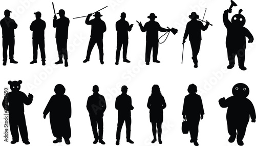 Silhouette characters, costume figures, black icons, fantasy theme, cartoon style, entertainment concept, props and poses, creative design, performance art, visual storytelling