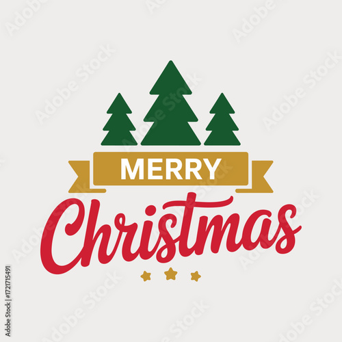 Merry Christmas text with pine trees and ribbon on light background holiday greeting