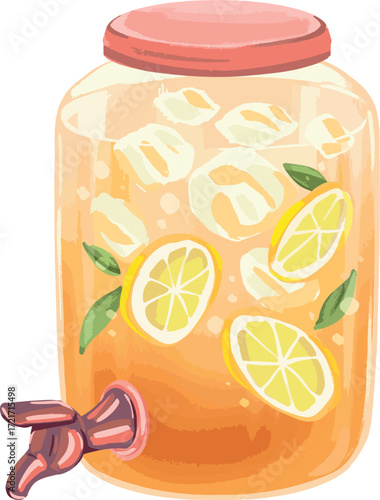 A pitcher of iced lemonade with lemons and leaves