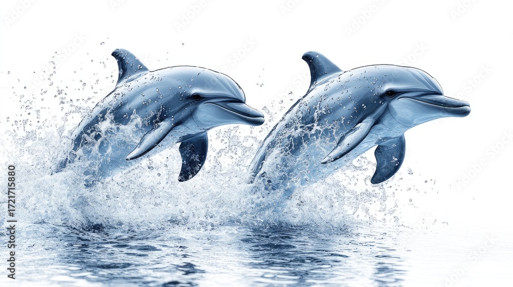 Fototapeta premium Two dolphins leaping from the ocean, splashing water. (1)