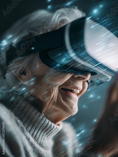 Elderly woman painting in VR headset with glowing interface