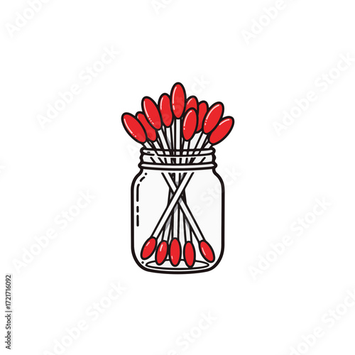Minimalist jar with cotton swabs and red accents, clean aesthetics