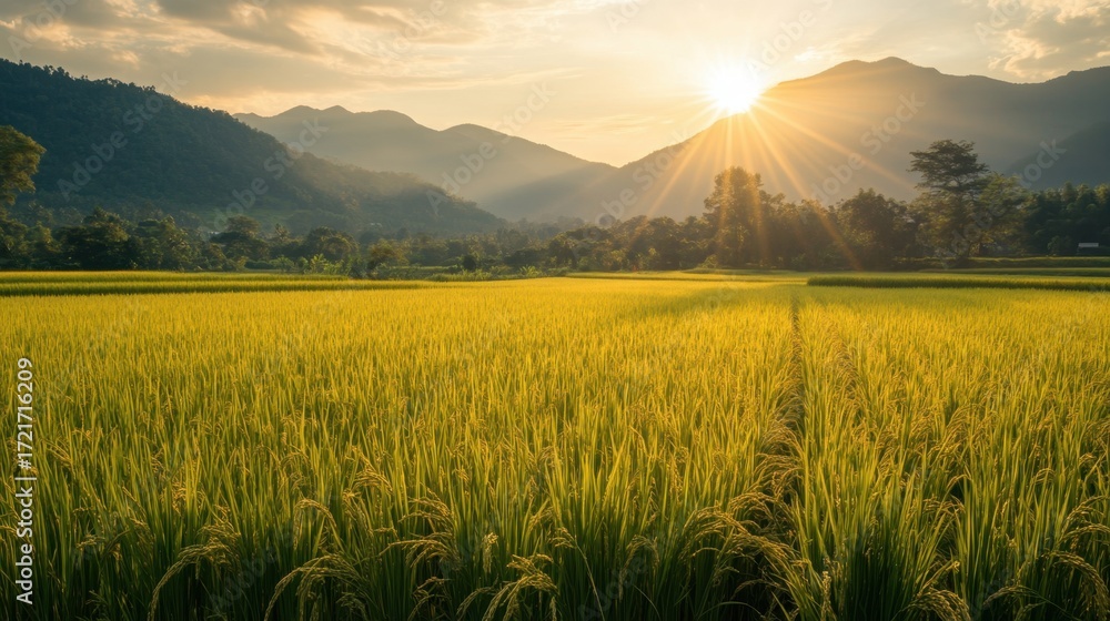 Fototapeta premium Golden rice paddy ready for harvest, soft sunset light, mountain landscape background.