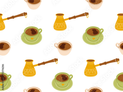 Seamless coffee pattern with cezve and cups. Vector illustration for packaging, textile, wallpaper design
