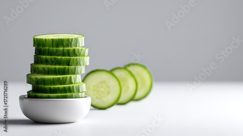 Fresh cucumber rounds stacked on clean white background