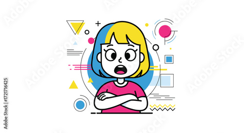 An amazed girl with her arms crossed looks directly at the viewer with bright blue eyes and an open mouth.