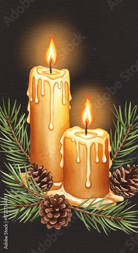 Festive glowing candles with pine boughs and pinecones holiday illustration