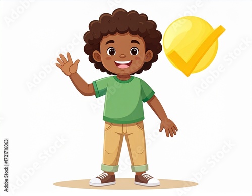 Happy african american boy waving with yellow check mark behind him
