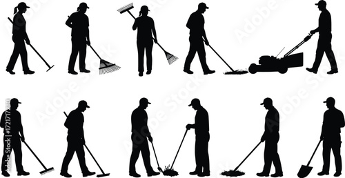 Silhouette of Landscapers Working with Tools, Gardeners Using Rake, Shovel, Lawnmower, Outdoor Maintenance Workers, Black Vector Illustration