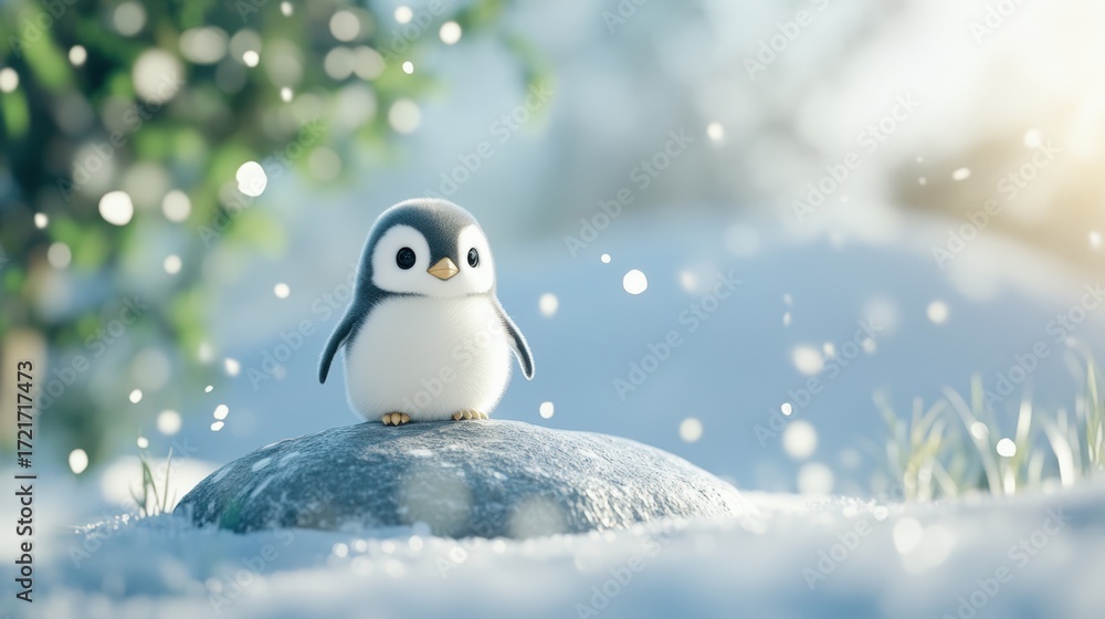 Fototapeta premium A cute penguin chick stands on a rock amidst a snowy landscape, surrounded by soft snowfall, Ideal for projects related to wildlife, children's themes, winter holidays, or nature conservation,