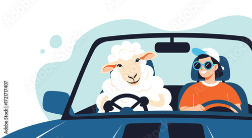 A person and a sheep are driving a car on a road trip.