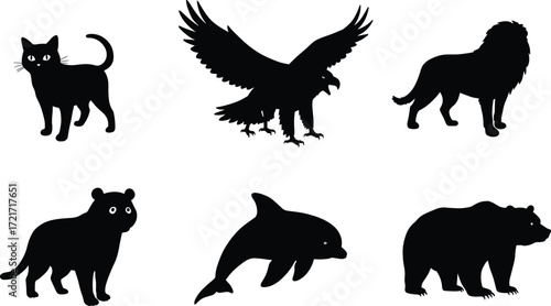 Animal silhouette illustration set, cat, eagle, lion, bear, dolphin, wildlife, predator, bird, marine life, black and white design