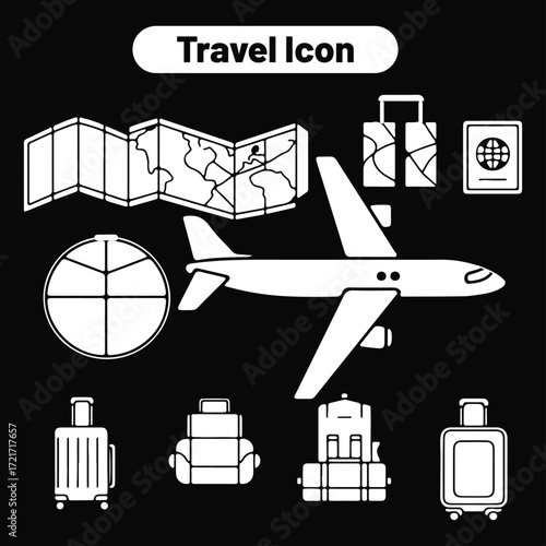 Travel Symbols Icon | Airplane, Passport, Luggage, Global Tourism