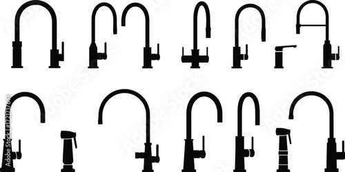 PrintSet of modern kitchen faucet silhouettes, plumbing tap icons, household sink fixtures, black illustration design for bathroom, utility, interior decoration