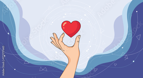 A gentle hand offers a luminous red heart against a backdrop of swirling celestial patterns and soft blue hues.