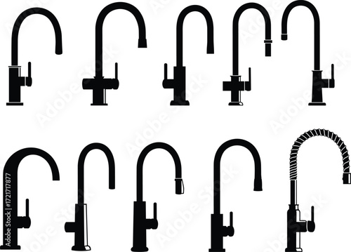 PrintModern kitchen faucet silhouette collection, water tap icons, plumbing fixture set, sink design, interior decoration, utility, household, bathroom illustration