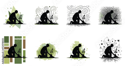 Silhouette person planting tree, abstract nature background, environmental care, growth concept, eco-friendly design, sustainability art, nurturing earth, green future