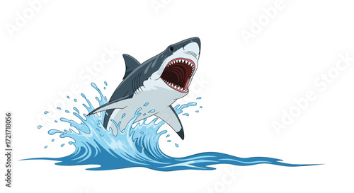 A pixel art great white shark leaps out of the water with its mouth open wide.
