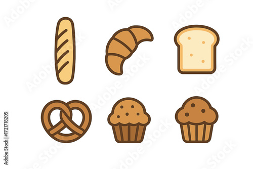 Diverse range of breakfast and snack bakery items including traditional baguette, crescent croissant, sliced bread, twisted pretzel, and delightful muffins