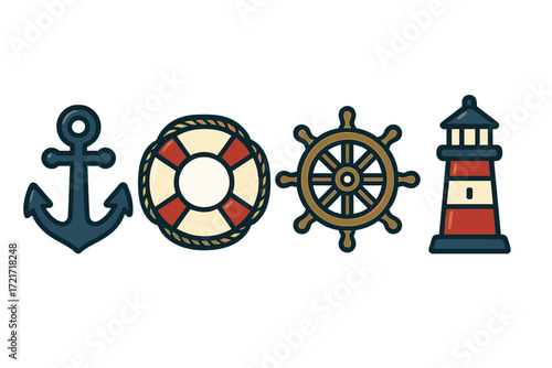 Classic nautical symbols and marine elements including anchor, lifebuoy, ship's wheel, and lighthouse