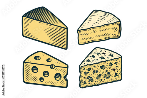 Collection of various cheese wedges including Swiss, cheddar, brie, and blue cheese varieties for dairy products
