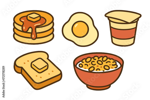 Classic breakfast foods assortment with pancakes, fried egg, buttered toast, cereal, and yogurt cup, a delicious morning meal