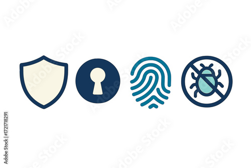 Digital cybersecurity and data protection concepts with shield, keyhole, fingerprint, and bug icons representing online privacy and secure access