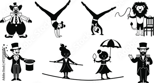 Circus illustration set, clown, acrobat, lion act, magician, tightrope walker, ringmaster, carnival performers, entertainment icons, black and white design