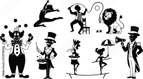 Circus illustration set, clown, acrobat, lion, lion tamer, magician, assistant, tightrope walker, ringmaster, carnival entertainment, black and white design