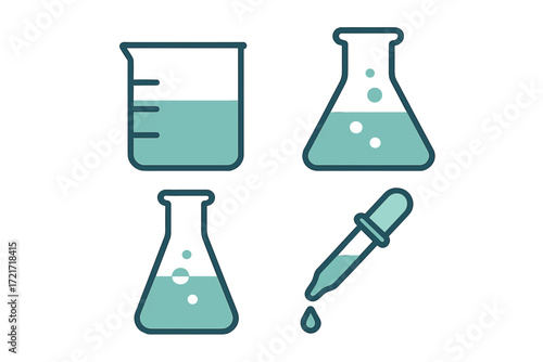 Collection of scientific laboratory glassware and dropper for chemistry experiments, research, and education