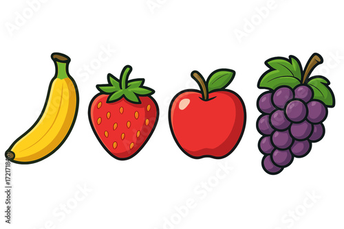 Vibrant assortment of healthy fresh ripe fruits featuring a banana, strawberry, apple, and a bunch of grapes