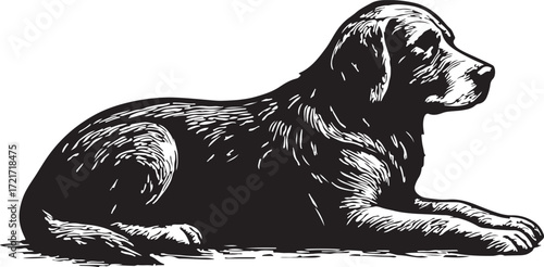 Vintage engraving style illustration of a large dog lying down in profile with detailed fur texture