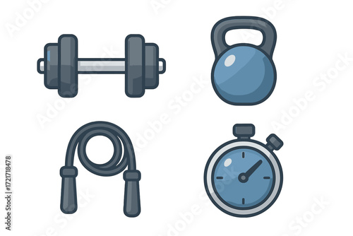 Essential fitness equipment set featuring a dumbbell, kettlebell, jump rope, and stopwatch for workouts and training