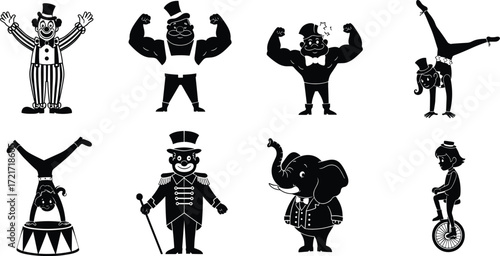 Circus illustration set, clown, strongman, acrobat, ringmaster, elephant, unicyclist, carnival performers, entertainment icons, black and white design