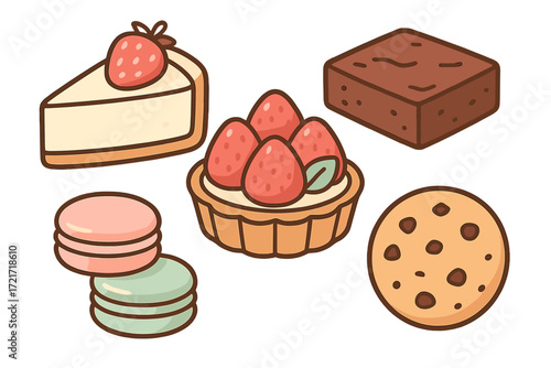 Colorful assortment of popular sweet desserts including strawberry cheesecake, fruit tart, chocolate brownie, macarons, and classic cookie