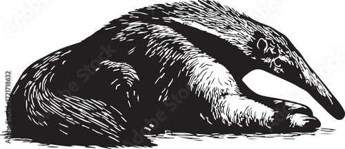 Detailed black and white illustration of a giant anteater resting on the ground with its long snout and shaggy fur visible