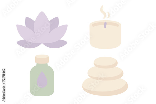 Lotus flower, burning candle, essential oil bottle, and stacked spa stones for relaxation and self-care
