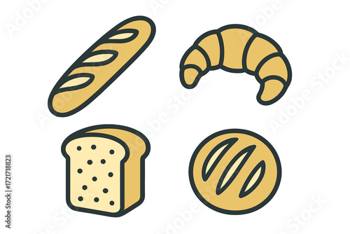 Variety of freshly baked bread products and pastries, including baguettes, croissants, and loaves, displayed together