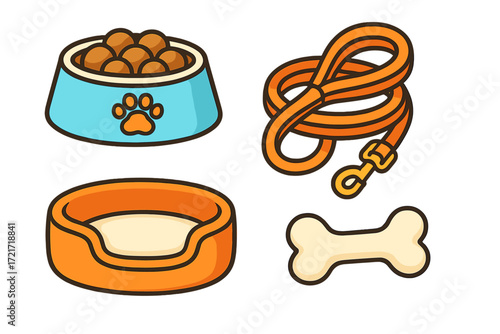 Essential pet supplies collection featuring dog food bowl, leash, comfortable bed, and chew bone for animal care and well-being