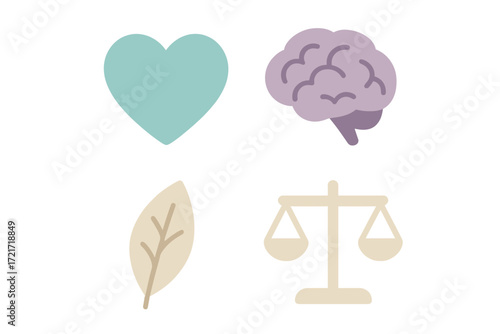 Comprehensive representation of holistic well-being, mental health, nature, and justice concepts with symbolic icons