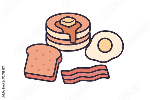 Hearty morning breakfast spread with golden pancakes, sizzling bacon, a sunny-side-up egg, and toasted bread
