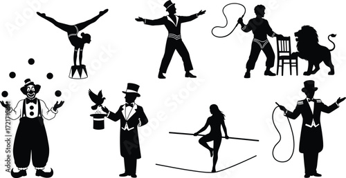 Circus performer illustration set, clown, acrobat, ringmaster, lion tamer, magician, tightrope walker, carnival entertainment, black and white design