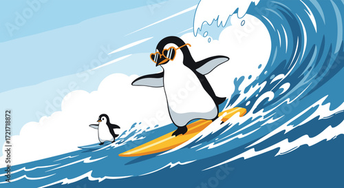 Adorable penguins riding ocean waves on surfboards with goggles.