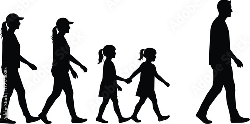 PrintSilhouette family walking together, parents and children holding hands, lifestyle illustration, outdoor activity, relationship, childhood, vector design, people walking, community, togetherness
